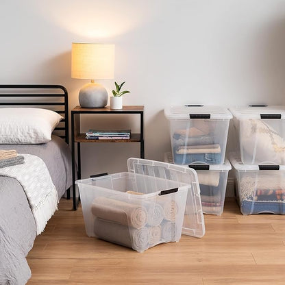 IRIS USA 54 Qt Stackable Plastic Storage Bins with Lids, 12 Pack - BPA-Free, Made in USA - See-Through Organizing Solution, Latches, Durable Nestable Containers, Secure Pull Handle - Clear