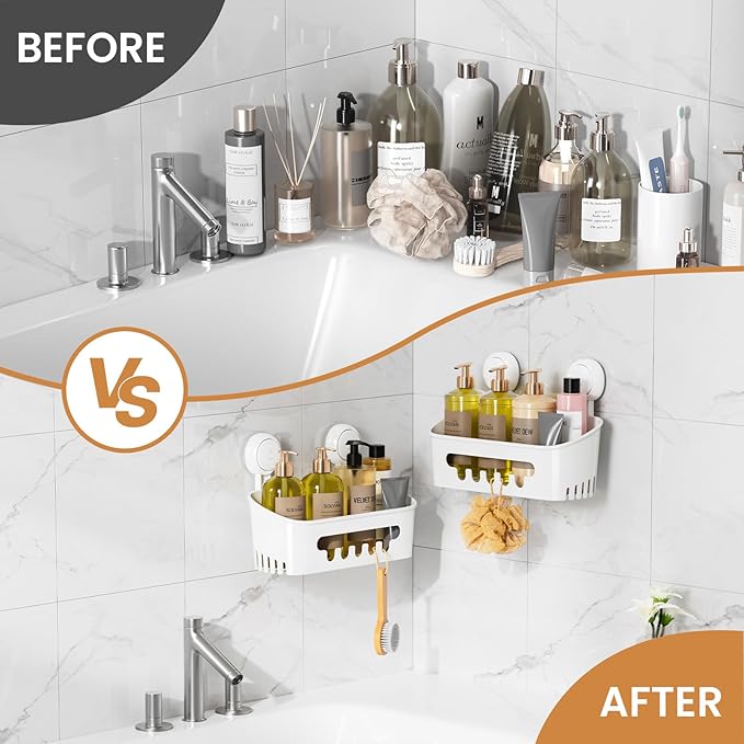 LEVERLOC Shower Caddy Suction Cup 2 Pack, Shower Organizer Removable Bathroom Shelf, Storage Suction Powerful Max Hold 22lbs Bathroom Caddy Waterproof Holder, White