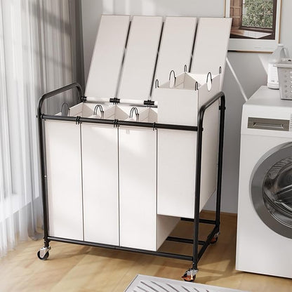 180L Laundry Sorter 4 Section – Heavy Duty Rolling Laundry Basket with Lockable Wheels and Lid, 4 Large Separate Removable Bags, Laundry Hamper Cart for Laundry Room Organizer (White)