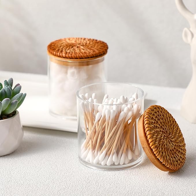 2 Pack Cotton Ball Holder Cotton Pad Holder with Rattan Lids Bathroom Container 10 oz Clear Plastic Apothecary Jar Containers Vanity Canisters Jars Accessories Set for Floss