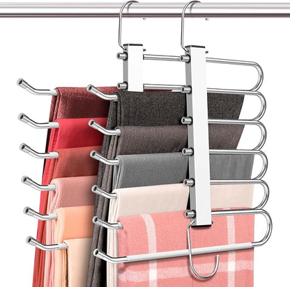 HUITEM 4 Pack 6-Tier Space Saving White Pant Hangers, Anti-Slip, Lightweight, Stainless Steel, Ideal for Closet Organization, Free Installation