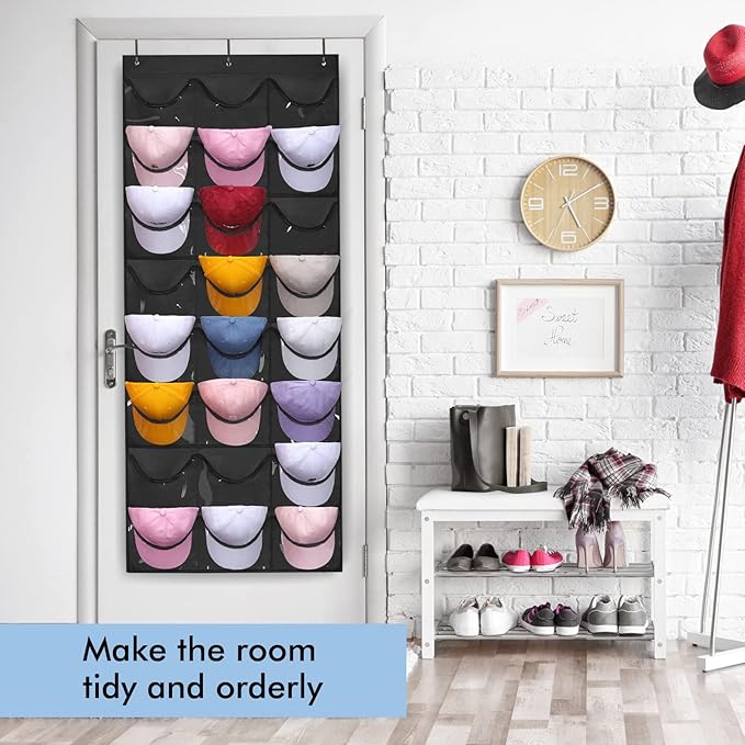 Hat Organizer for Storage of Baseball Caps, 24 Clear Deep Pockets, Rack for Wall/Door with Hooks(Black)