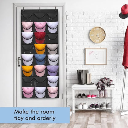 Hat Organizer for Storage of Baseball Caps, 24 Clear Deep Pockets, Rack for Wall/Door with Hooks(Black)