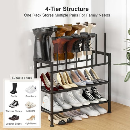 DIMJ Free Standing Shoe Racks - 4-Tier Boot Rack, Black Metal Boot Storage Organizer Tall Boots, Tall Boot Organizer for Closet, Multiuse Shoe Rack for Boots, Sneakers,Fit for 6 Pairs Boots, Black