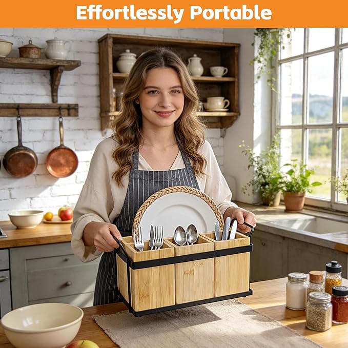 MECHEER Kitchen Silverware Caddy Utensil Holder for Party Paper Plate Holders Flatware Cutlery Organizer Wood Utensil Holder with Removable Dividers for Forks Plates Spoons