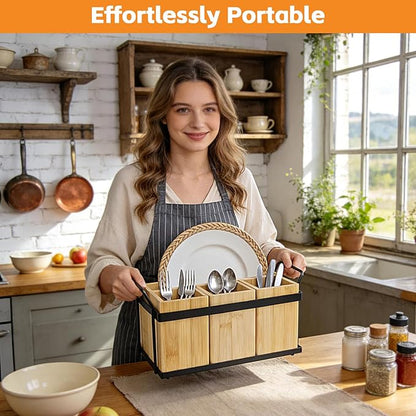 MECHEER Kitchen Silverware Caddy Utensil Holder for Party Paper Plate Holders Flatware Cutlery Organizer Wood Utensil Holder with Removable Dividers for Forks Plates Spoons