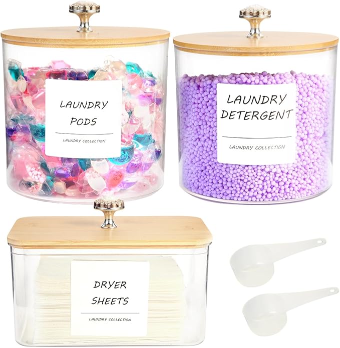 3 Pack Laundry Room Organization Storage Containers, Plastic Clear Laundry Pods Container & Dryer Sheet Holder Jars with Lids, Scoops & Labels for Detergent, Powder, Dryer Balls, Beads