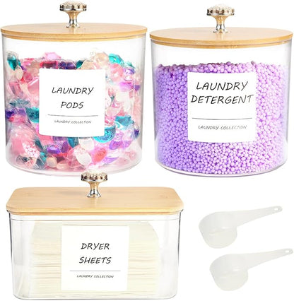 3 Pack Laundry Room Organization Storage Containers, Plastic Clear Laundry Pods Container & Dryer Sheet Holder Jars with Lids, Scoops & Labels for Detergent, Powder, Dryer Balls, Beads