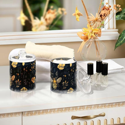 4 Pack Qtip Holder Dispenser Bumblebee Wildflowers Cotton Ball Cotton Swab Cotton Round Pads Floss Clear Bathroom Storage Containers Plastic Apothecary Jars with Lids