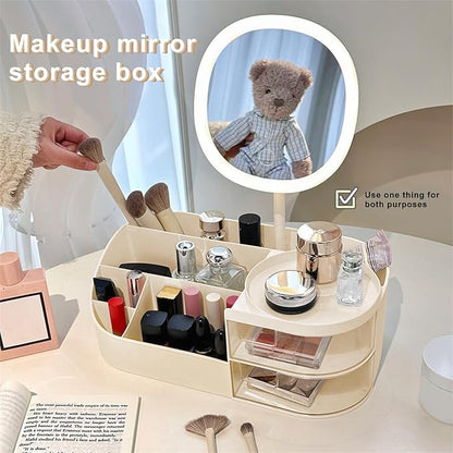DASITON Makeup Organizer with Rechargeable Mirror,Makeup Brush Holder with 2 Drawers,Skincare and Cosmetics Organizer Countertop,Large Capacity Cosmetic Display Case for Vanity,Bedroom,Bathroom(Cream)