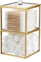 Hipiwe Glass Qtip Holder Dispenser with Lid 2-Tier Stackable Bathroom Containers Cotton Ball & Swab Holder Vanity Organizer Jars Gold for Makeup Pads