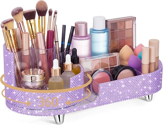 Teen Girls Mother's Day 360 Rotating Bling Makeup Organizer Gift Rhinestone Diamond Bathroom Organizer Girly Skin Care Brush Holder for Countertop, Bathroom Essentials(Purple,Pearl)