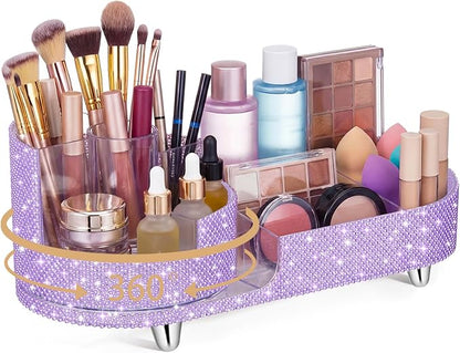 Teen Girls Mother's Day 360 Rotating Bling Makeup Organizer Gift Rhinestone Diamond Bathroom Organizer Girly Skin Care Brush Holder for Countertop, Bathroom Essentials(Purple,Pearl)