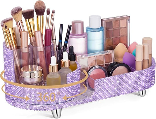 Teen Girls Mother's Day 360 Rotating Bling Makeup Organizer Gift Rhinestone Diamond Bathroom Organizer Girly Skin Care Brush Holder for Countertop, Bathroom Essentials(Purple,Pearl)
