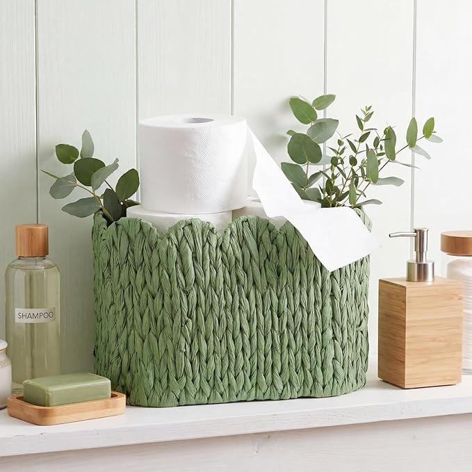 Kathfly Sage Green Toilet Paper Storage Basket Scalloped Wicker Woven Bathroom Basket Toilet Paper Holder Holds up to 6 Mega Rolls Woven Organizer for Home Bathroom Kitchen Offices