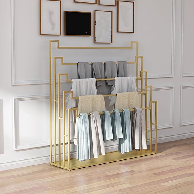 Floor Standing Scarf Display Stand, Metal Freestanding Scarf Holder Organizer, Towel Rack for Commercial Clothing Retail Store Sheets Suit Pants (Color : Gold, Size : 80X40X150CM)