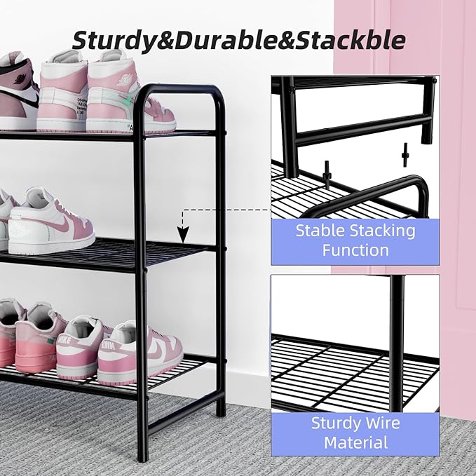 Ekisemio 3-Tier Long Metal Shoe Rack, Wide Stackable Shoe Organizer for Closet & Entryway, with Sturdy Wire Grid Storage Shelf for Bedroom, Black