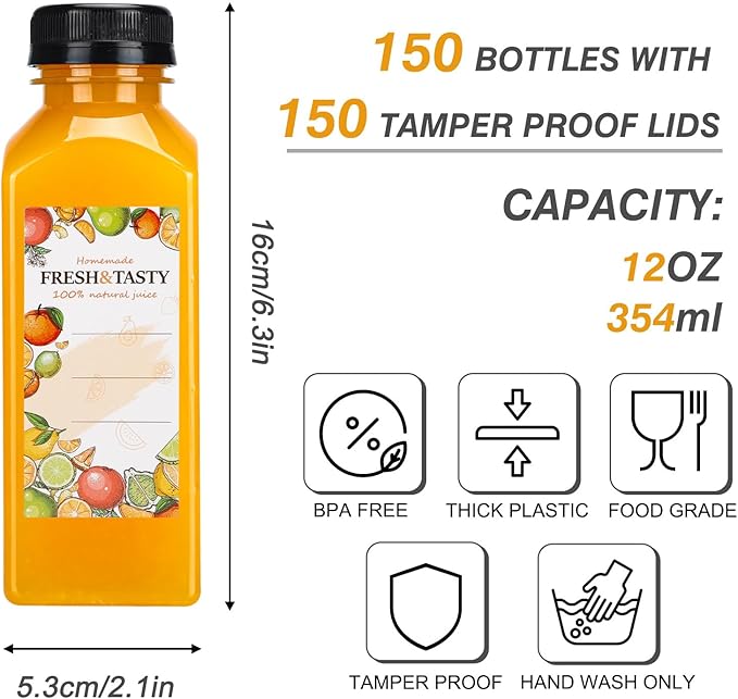 TOMNK 150pcs Juice Bottles, 12oz Reusable Plastic Juice Bottles with Caps and Labels, Funnel, Brush Beverage Containers for Juicing, Smoothies, Tea, Milk