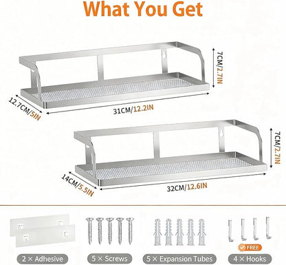 PUSDON 2-Pack Wide Hollowout Shower Caddy & Spice Rack, Wall Mount Bathroom Organizer with Mesh Bottom, Easy Access Cabinet Door Shelf Holds 50LBS - Silver Gray, Hollowout