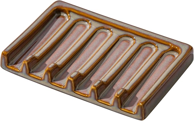 Tanew Self Draining Premium Brown Ceramic Waterfall Soap Dish, Bar and Shower Soap Holder Sponge Holder Soap Tray Savers for Bathroom, Shower, Kitchen, Sink and Countertop
