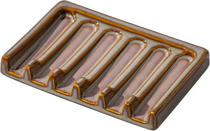 Tanew Self Draining Premium Brown Ceramic Waterfall Soap Dish, Bar and Shower Soap Holder Sponge Holder Soap Tray Savers for Bathroom, Shower, Kitchen, Sink and Countertop