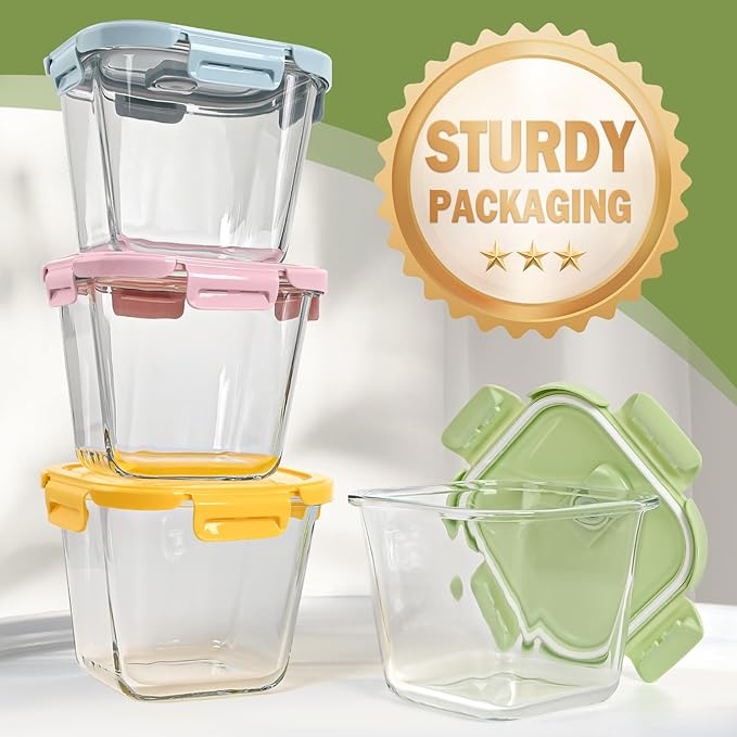 Glass Soup Containers with Lids 32oz - Borosilicate Glass Storage Containers 4 Cup, Freezer to Microwave Safe, Airtight Leak Proof, Square Soup Meal Prep Containers for Lunch Travel- 4 Pack