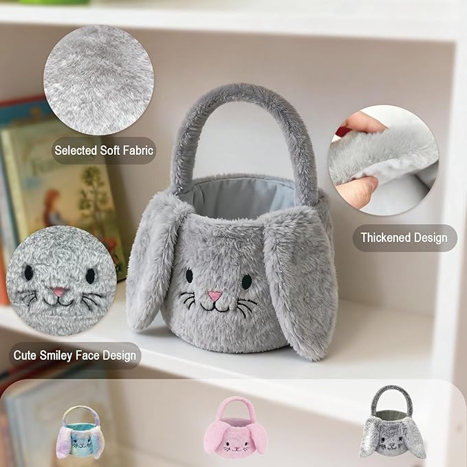 Easter Bunny Basket Plush Decorative Basket for Eggs Candy and Small Gifts (Gray)