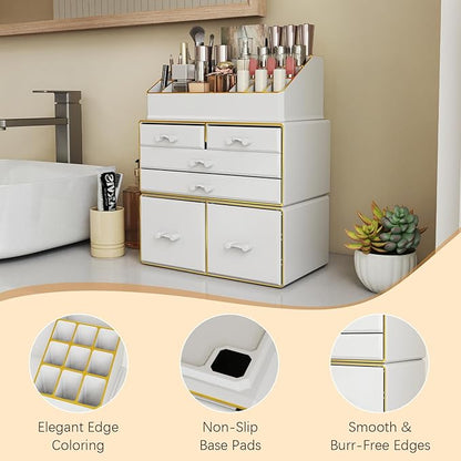 Delamu 3-Tier 6-Drawer Makeup Organizer Countertop Cosmetic Organizer for Dresser and Vanity Bathroom Organizers and Storage for Lipstick Brush Skincare Perfume, Nail Polish, White with Gold Edges