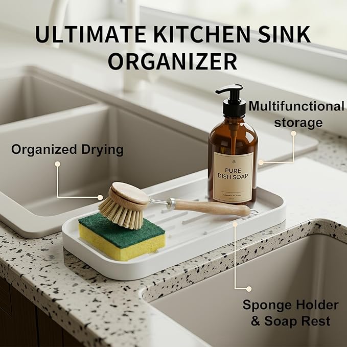 Silicone Organizer Tray, Soap and Sponge Holder for Kitchen Sink, Bathroom - Storage Tray for Dish Brush, Soap Dispenser, Dishwashing Accessories-(White 1 Pack, 10"x5.3")