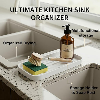 Silicone Organizer Tray, Soap and Sponge Holder for Kitchen Sink, Bathroom - Storage Tray for Dish Brush, Soap Dispenser, Dishwashing Accessories-(White 1 Pack, 10"x5.3")