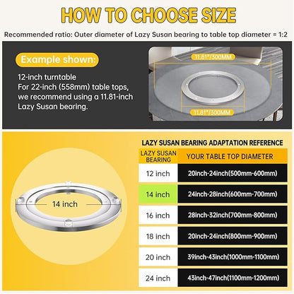 Lazy Susan Hardware 14 Inch Heavy Duty Bearing Kit, 360° Smooth Rotating Aluminium Alloy Turntable, Swivel Base for Dining Table, DIY Project, Display Stand & Workbench