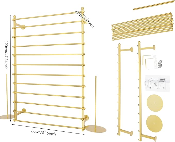12 Layers Gold Wall Display Stand Wrapping Paper Ribbon Organizer Tie Scarf Rack Belt Towel Holder Spool Hijab Stand Metal Shelving for Home, Retail Stores, Flower Shop, Studio, Sewing-80cm