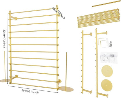 12 Layers Gold Wall Display Stand Wrapping Paper Ribbon Organizer Tie Scarf Rack Belt Towel Holder Spool Hijab Stand Metal Shelving for Home, Retail Stores, Flower Shop, Studio, Sewing-80cm