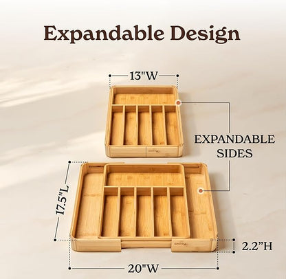 SMIRLY Silverware Drawer Organizer – Bamboo Kitchen Drawer Organizer, Adjustable Utensil Holder and Cutlery Tray, Drawer Dividers for Flatware and Kitchen Utensils | Adjustable