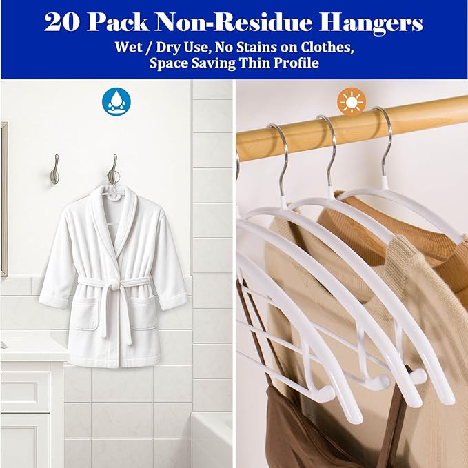 20 Pack Non Slip PVC Coating Metal Clothes Hangers No Shoulder Bump,Built-in Shoulder Hook and Bottom Rod,Suitable for Sweaters,Suits,Shirts,Skirt,Jackets (White, 20 Pack)