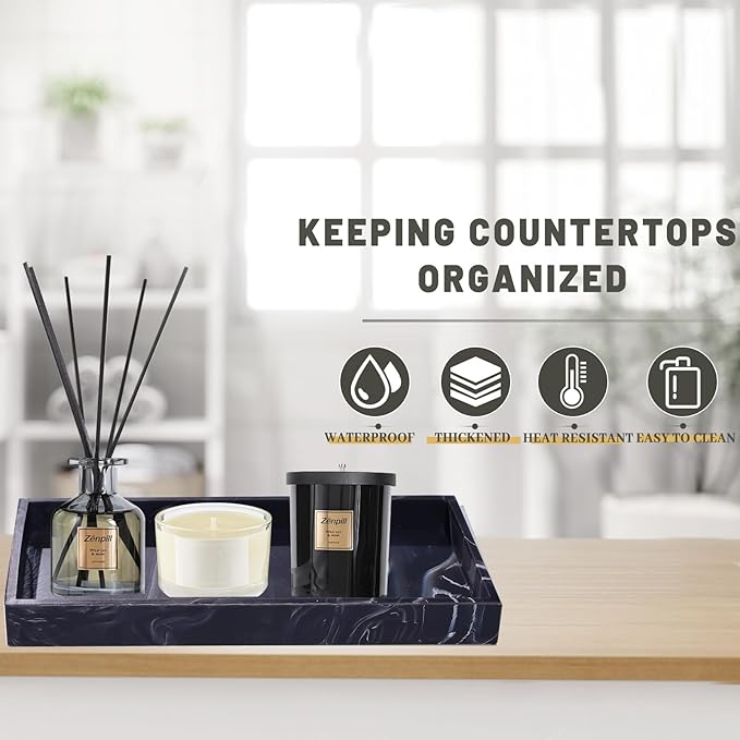 2 Silicone Bathroom Counter Tray, 7.8" x 3.9" & 11.8" x 5" Vanity Tray, Decorative Kitchen Soap Holder Plate Organizer for Makeup Perfume Candle Key Storage Toilet Tank Sink Table Desk (Marble Black)