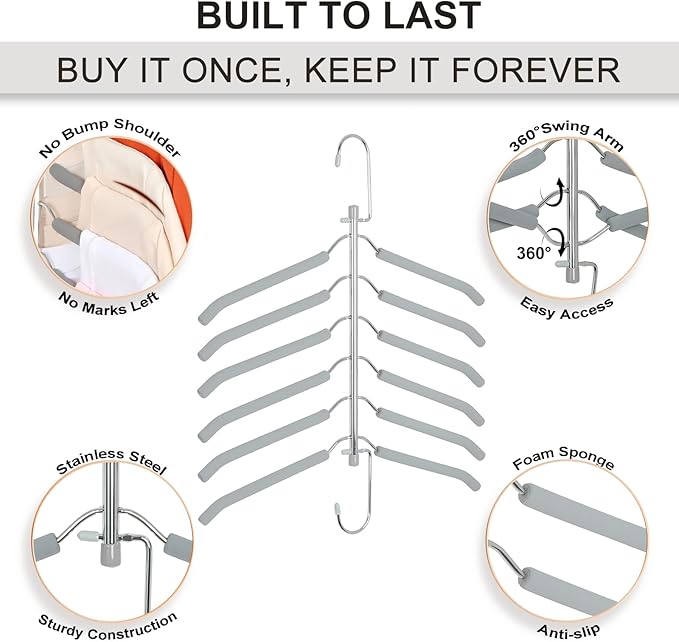 TOPIA HANGER Clothes Hanger Space Saving, 6 Tier Shirt Coat Hangers Space Saving No Bump Shoulder Hangers with No Slip Foam Padded Closet Organizers and Storage for Men and Women 4 Pack CT65G