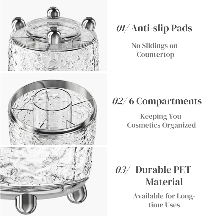 Eorbow Rotating Makeup Brush Holder, Dustproof Cosmetic Tools Organizer with Lid, 360° Spinning Covered Brushes Storage with Anti-slip Pads for Vanity, Bathroom Countertop & Bedside Table, Clear