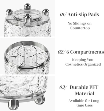 Eorbow Rotating Makeup Brush Holder, Dustproof Cosmetic Tools Organizer with Lid, 360° Spinning Covered Brushes Storage with Anti-slip Pads for Vanity, Bathroom Countertop & Bedside Table, Clear