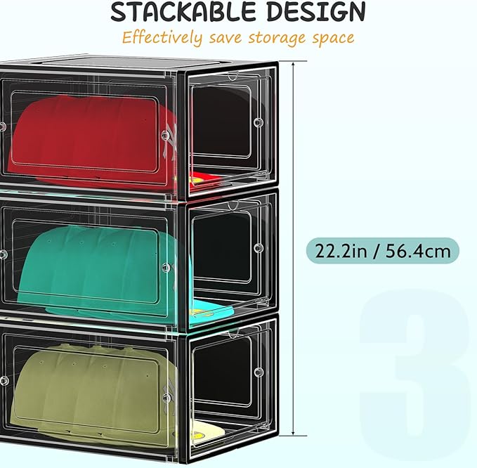 SCAVATA 6 Pack Hat Organizer Box, Stackable Clear Baseball Caps Holder Box Containers with Magnetic Door for Hats Snapback Cap Storag, Hat Rack Display Case, Holds 8 Hats Each (Black)