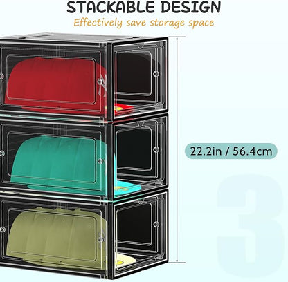 SCAVATA 6 Pack Hat Organizer Box, Stackable Clear Baseball Caps Holder Box Containers with Magnetic Door for Hats Snapback Cap Storag, Hat Rack Display Case, Holds 8 Hats Each (Black)