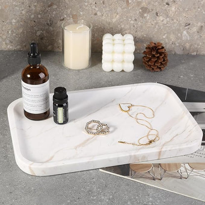 Karibiber Marble Vanity Tray, Marble Bathroom Tray Countertop, Decorative Trays for Dresser Organizer, White Stone Storage Serving Trays for Kitchen, Perfume, Jewelry Cathall Holder, Unique Veining