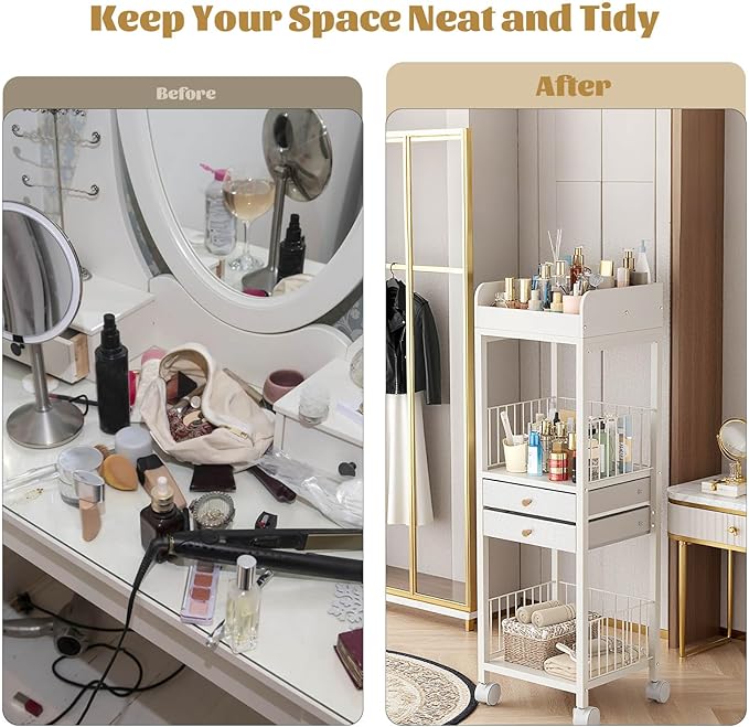 Makeup Organizer Storage Cart, Rolling Floor Skincare Organizer with 2 Drawers, Makeup Vanity Organizer Cosmetics Display Cases Holder for Skin Care, Perfume, Makeup Brush, Nail Polish, Hair Tools