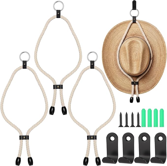 Sliner 4 Pcs Cowboy Hat Hangers Adjustable Cowboy Hat Mounts for Wall Including Nails and Hooks Western Decor Vintage Rope and Leather Design for Living Room Door Home Entryway Display