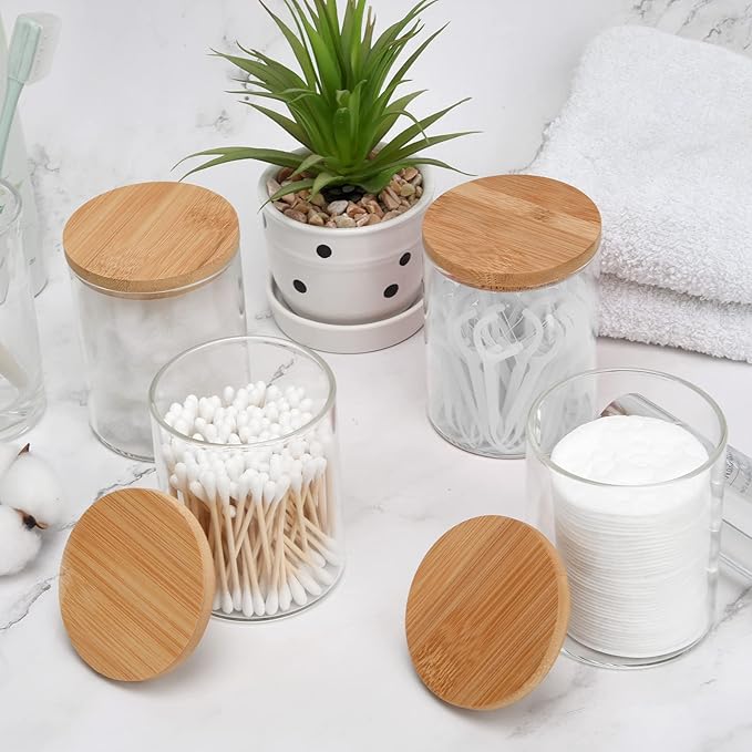 BKYFPQ 4 Pack Glass Qtip Holder Dispenser Set - Apothecary Jars with Lids for Vanity Makeup Organizer - Bathroom Canister Storage Organizer for Cotton Ball,Swab,Round Pads,Floss