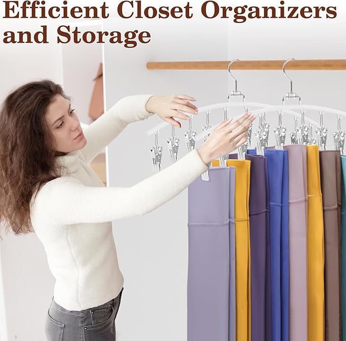 4 Pack Legging Organizer for Closet, Ginyoyo Metal Gym Clothes Organizer w/40 Clips Holds 40 Leggings, Hangers Space Saving, Closet Organizers and Storage, Room Organization Essentials, White