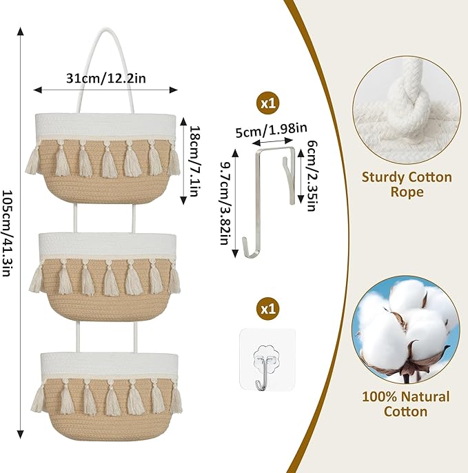 Over the Door Organizer Nursery - Cotton Boho Decor 3 Tier Wall Hanging Basket, Decorative Hanging Storage Organizer for Nursery Bathroom Bedroom Laundry Dorm Kitchen