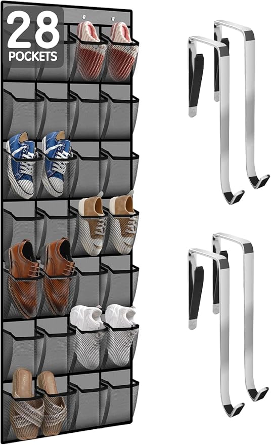 Kotkn 28 Compartment Over the Door Shoe Organizer, Breathable Mesh Large Shoe Rack for Closet Storage, Space Saving Hanging Shoe Holder with Reinforced Hooks (Fits Men & Women,Gray-01)