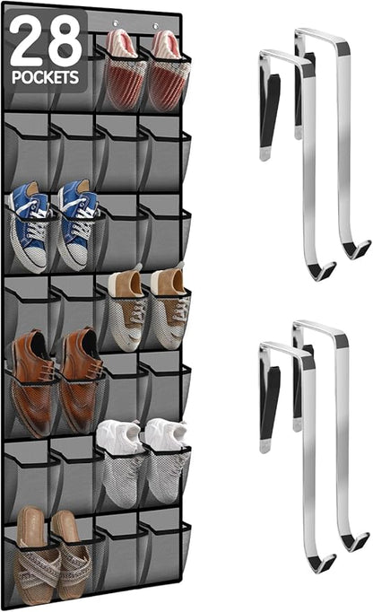 Kotkn 28 Compartment Over the Door Shoe Organizer, Breathable Mesh Large Shoe Rack for Closet Storage, Space Saving Hanging Shoe Holder with Reinforced Hooks (Fits Men & Women,Gray-01)