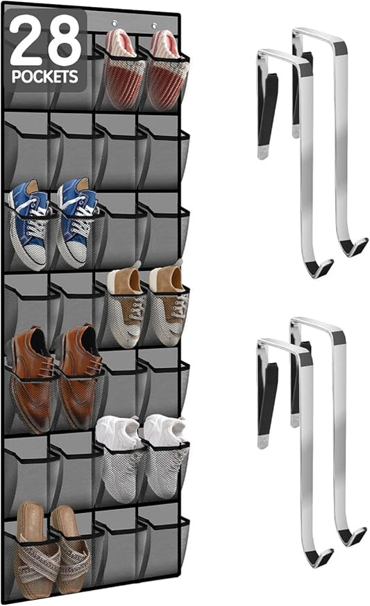 Kotkn 28 Compartment Over the Door Shoe Organizer, Breathable Mesh Large Shoe Rack for Closet Storage, Space Saving Hanging Shoe Holder with Reinforced Hooks (Fits Men & Women,Gray-01)